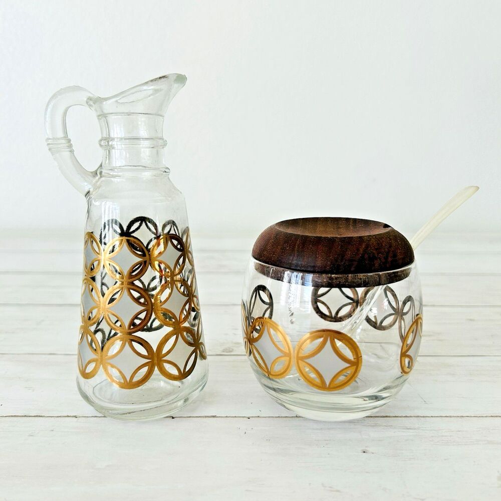 Fred Press MCM Creamer & Sugar Condiments Cruet Silver Gold Circles Signed - Picture 2 of 13